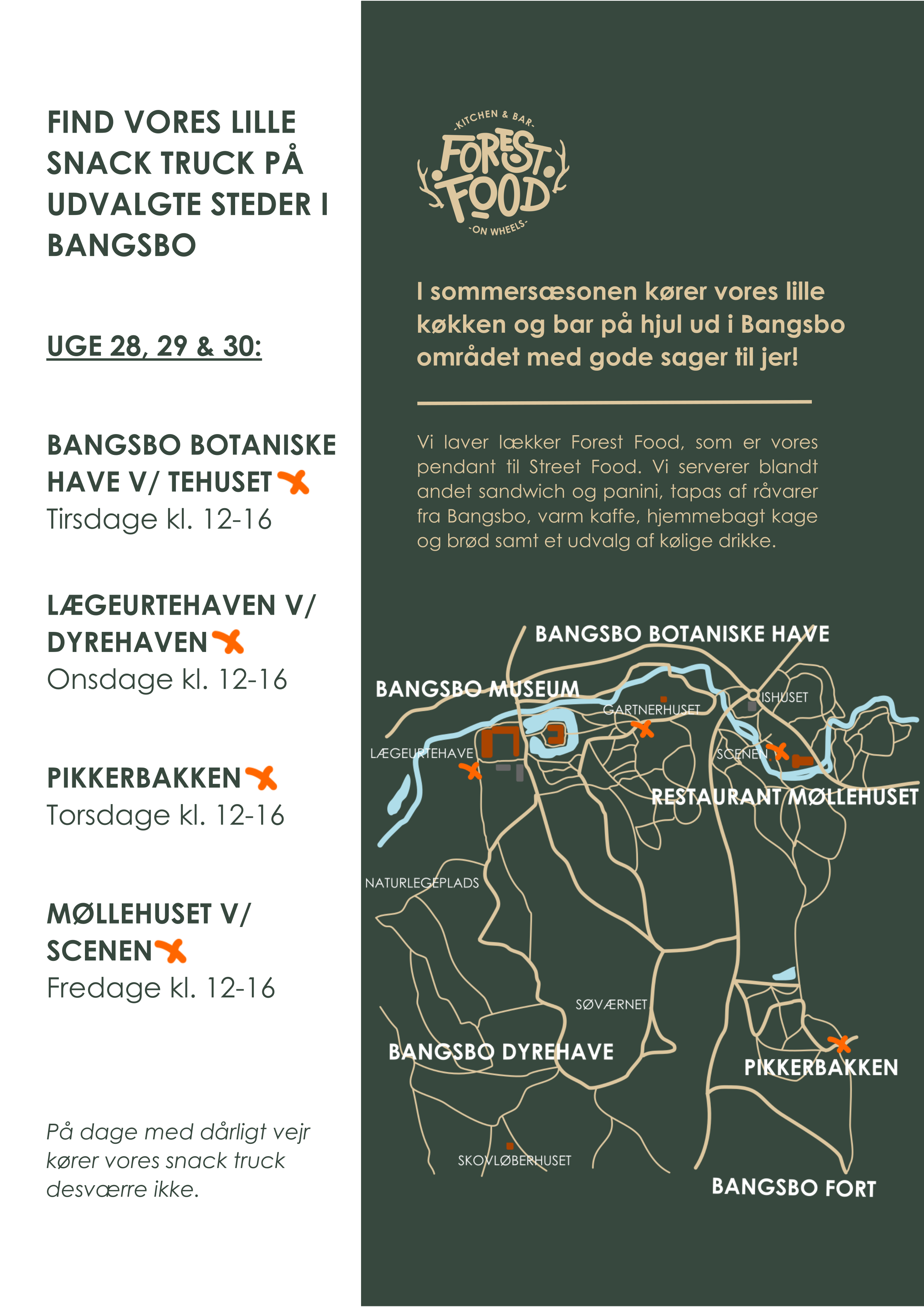 restaurant Møllehuset snack truck køreplan med kort
